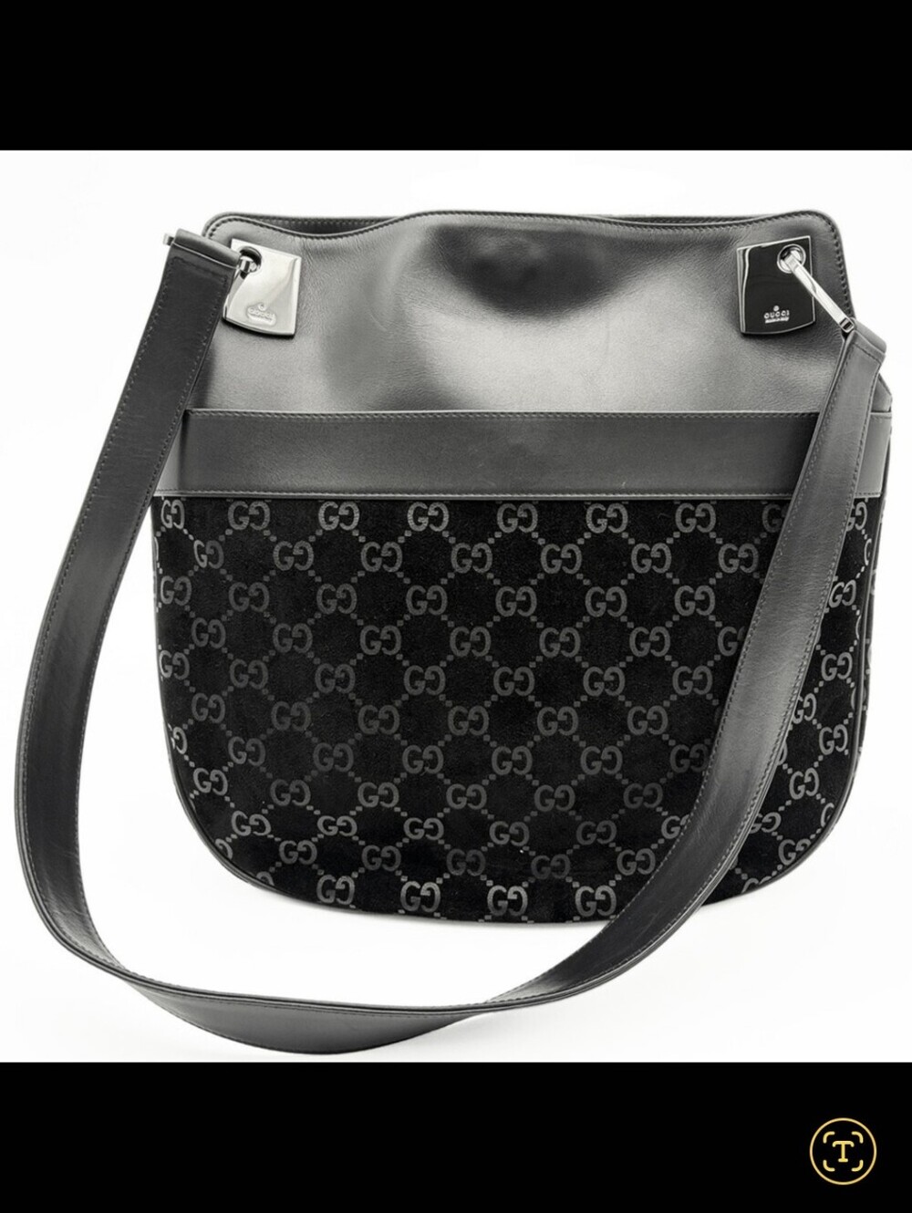 GUCCI Vintage Tonal Black-on-black GG Monogram Suede Leather Shoulder Bag Rare